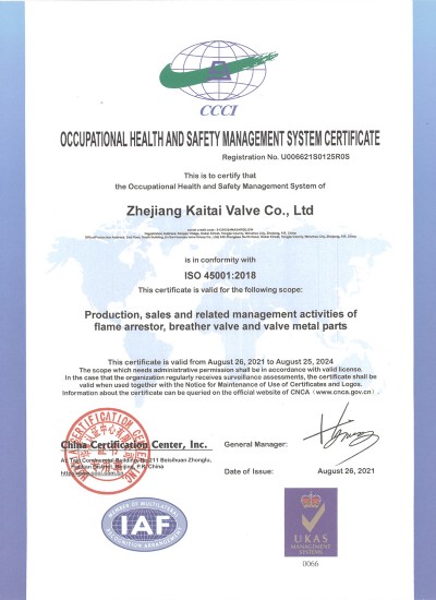 职业健康安全管理体系认证证书